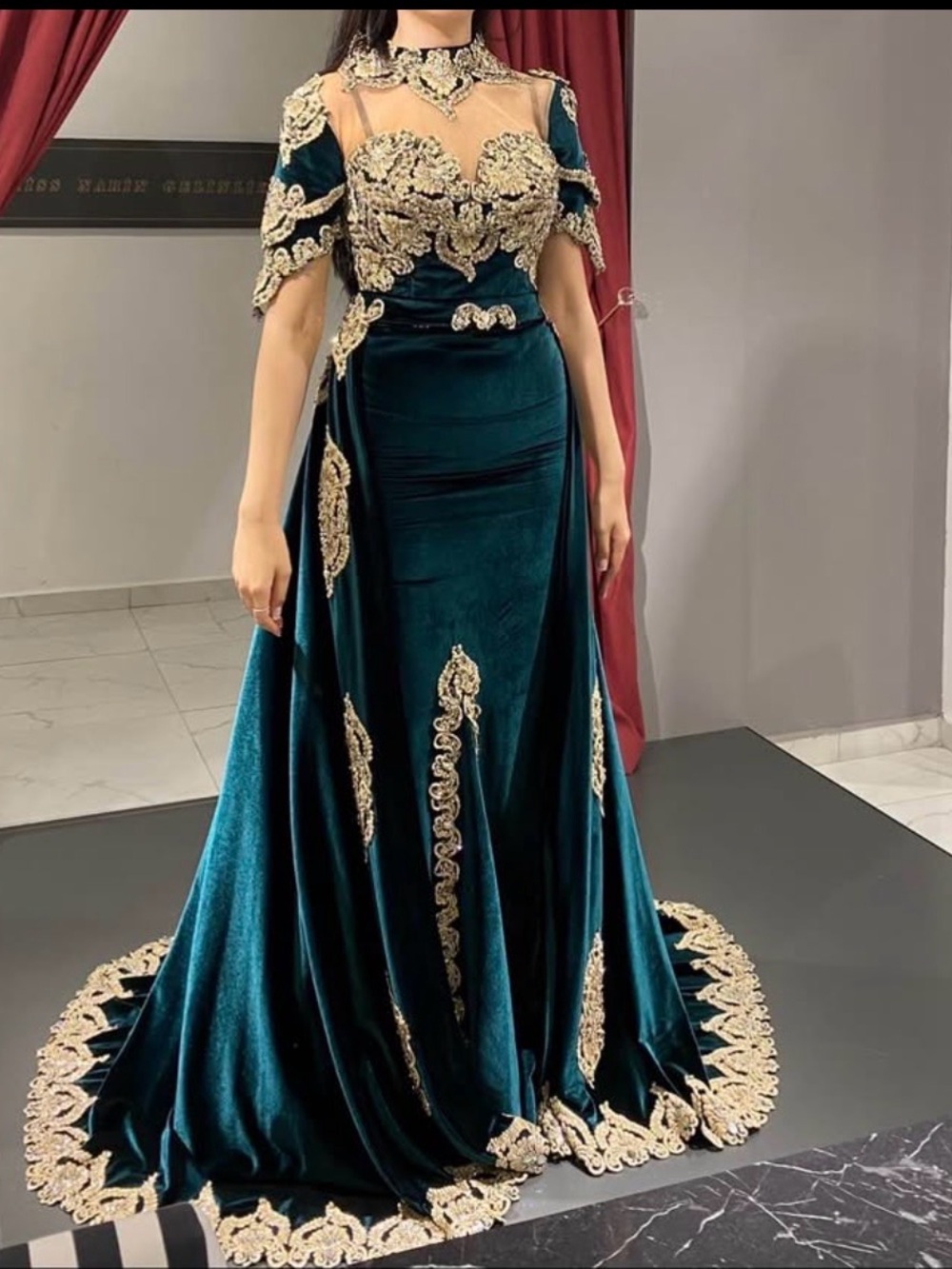 Elegant Emerald Velvet Evening Gown with Gold Appliqué - BINDALLI - AFGHAN DRESS